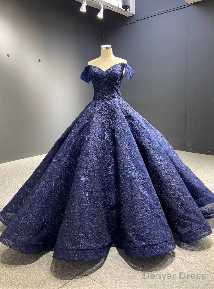 Navy Blue Ball Gowns Lace Off the Shoulder Prom Dresses – Denver Dress