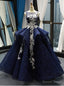 Navy Blue Ball Gowns Lace White Lace Appliques Backless Prom Dresses