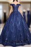 Navy Blue Ball Gowns Long Prom Dress, Off Shoulder Navy Blue Prom Dresses