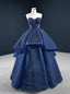 Navy Blue Ball Gowns Tulle Sweetheart Appliques Beading Prom Dresses