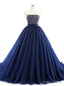 Navy Blue Ball Gowns Tulle Sweetheart With Beaded Bodice Prom Dresses