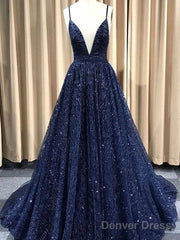 Navy Blue/Burgundy/Champagne Shiny A Line V Neck Prom Dresses