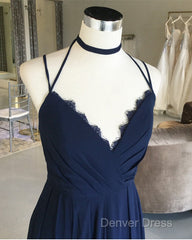 Navy Blue Chiffon Backless Bridesmaid Long Dresses Lace Appliques