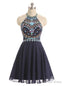 Navy Blue Chiffon Beading Halter Short Dresses