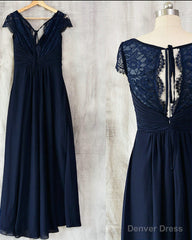 Navy Blue Chiffon with Lace A-line Long Bridesmaid Dress, Wedding Party Dress