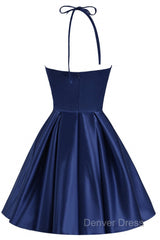 Navy Blue Cute Halter Satin Short Homecoming Dresses, Blue Prom Dresses Party Dresses
