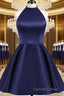 Navy Blue Cute Halter Satin Short Homecoming Dress, Blue Prom Dress