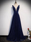 Navy Blue Deep V Neck Backless Pleats Prom Dresses