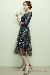 Navy Blue Floral Lace Short Bridesmaid Dresses, Cute Blue Homecoming Dress Prom Dress