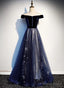 Navy Blue Floral Off Shoulder Velvet and Tulle Prom Dress, Blue Prom Dress