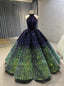 Navy Blue Green Sequins Halter Prom Dresses