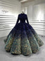 Navy Blue Green Sequins Long Sleeve Prom Dresses