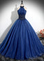 Navy Blue High Neckline Tulle Long Prom Dress, Navy Blue Ball Gowns Prom Dresses