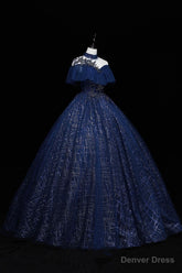 Navy Blue High Neckline Tulle with Lace Formal Dress, Navy Blue Ball Gown Sweet 16 Dress