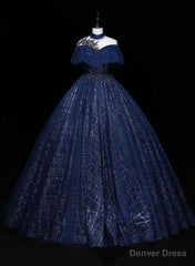 Navy Blue High Neckline Tulle with Lace Formal Dress, Navy Blue Ball Gown Sweet 16 Dress