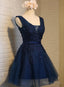 Navy Blue Knee Length Homecoming Dress, V Neckline Short Prom Dresses