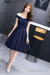 Navy Blue Lace And Satin Off Shoulder Party Dress With Bow, Cute Homecoming Dresses