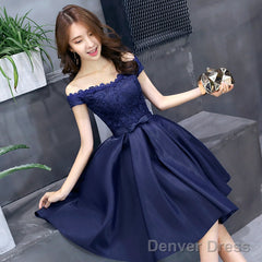 Navy Blue Lace And Satin Off Shoulder Party Dress With Bow, Cute Homecoming Dresses