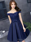 Navy Blue Lace And Satin Off Shoulder Prom Dress With Bow, Cute Homecoming Dresses