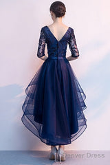 Navy Blue Lace And Tulle Layers V-Neckline High Low Party Dress, Blue Short Prom Dress
