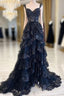 Navy Blue Lace And Tulle Sweetheart Long Formal Dresses, Navy Blue Prom Dresses