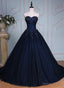 Navy Blue Lace Applique Tulle Long Prom Dresses, Blue Prom Gowns