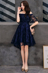 Navy Blue Lace High Low Party Dress Homecoming Dress, Navy Blue Prom Dress