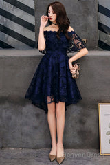 Navy Blue Lace High Low Party Dress Homecoming Dress, Navy Blue Prom Dress