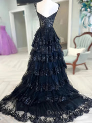 Navy Blue Lace Layered A Line Prom Dresses
