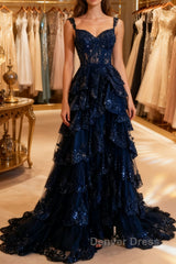 Navy Blue Lace Layered A Line Prom Dresses