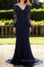 Navy Blue Lace Long Sleeves Applique Mermaid Long Fromal Prom Dress