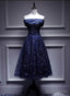 Navy Blue Lace Off Shoulder Wedding Prom Dress Bridesmaid Dress,Blue Prom Dresses