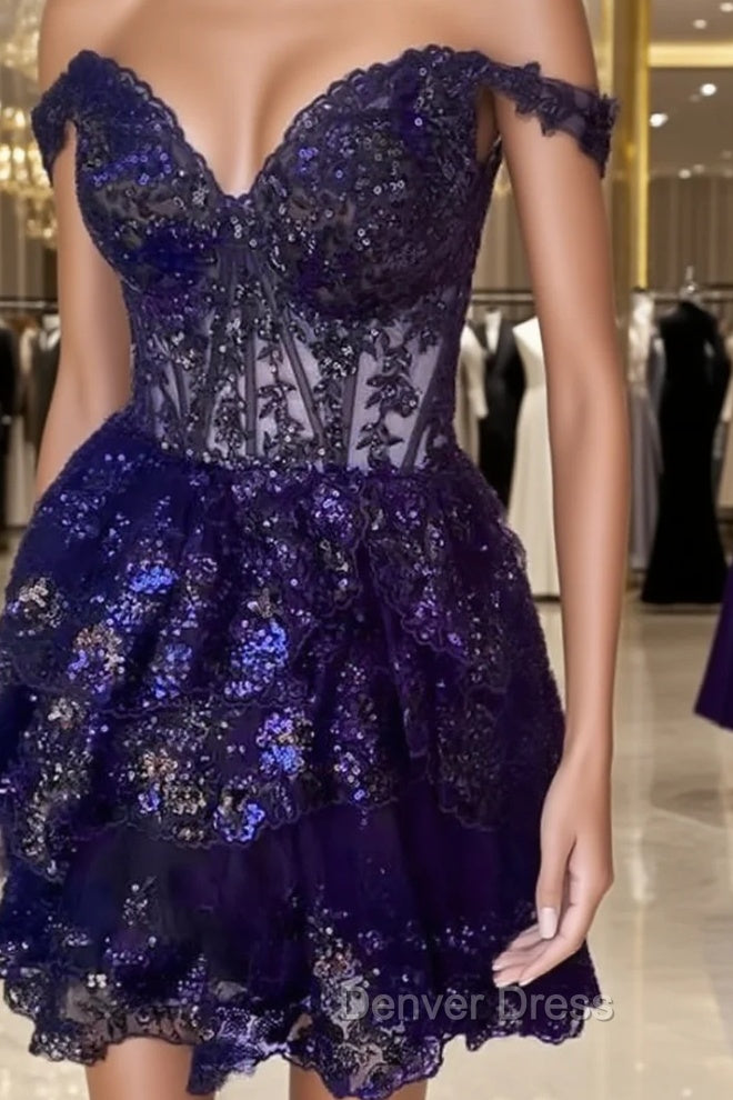 Navy Blue Lace Ruffle Homecoming Dress – Denver Dress