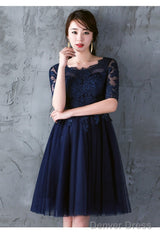Navy Blue Lace Short Sleeves Tulle Short Homecoming Dress, Blue Tulle Prom Dress Formal Dress