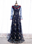 Navy Blue Long Sleeve Embroidery High Neck Prom Dresses
