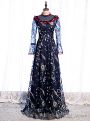 Navy Blue Long Sleeve Embroidery High Neck Prom Dress