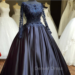 Navy Blue Long Sleeve Prom Dresses Appliques Beaded Ball Gown