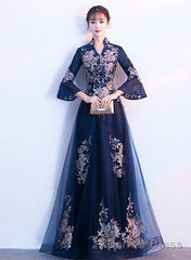 Navy Blue Long Sleeves A-Line Party Dress, Navy Blue Bridesmaid Dress Prom Dress