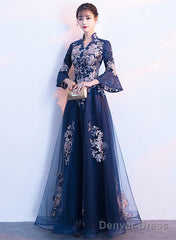 Navy Blue Long Sleeves A-Line Party Dress, Navy Blue Bridesmaid Dress Prom Dress