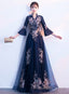 Navy Blue Long Sleeves A Line Prom Dress, Navy Blue Bridesmaid Dress Prom Dresses