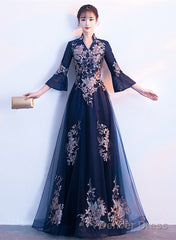 Navy Blue Long Sleeves A-Line Party Dress, Navy Blue Bridesmaid Dress Prom Dress