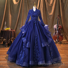 Navy Blue Long Sleeves Party Dress Prom Dress, Tulle With Lace Formal Dresses