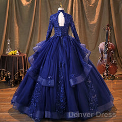 Navy Blue Long Sleeves Party Dress Prom Dress, Tulle With Lace Formal Dresses