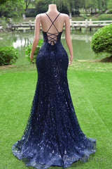 Navy Blue Mermaid Long Prom Dress With Leg Slit, Navy Blue Party Dress