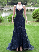 Navy Blue Mermaid Long Prom Dress With Leg Slit, Navy Blue Party Dress