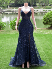 Navy Blue Mermaid Long Prom Dress With Leg Slit, Navy Blue Party Dress