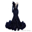 Navy Blue Mermaid One Sleeve Prom Dress Sequined Lace Jewel Ruffles Prom Dresses with Appliques
