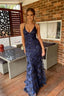 Navy Blue Mermaid Tulle And Sequins Long Prom Dresses With V Neckline And Lace Up Back