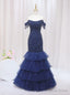Navy Blue Mermaid Tulle Beading Off the Shoulder Prom Dresses