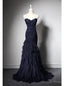 Navy Blue Mermaid Tulle Strapless Pleats Prom Dresses